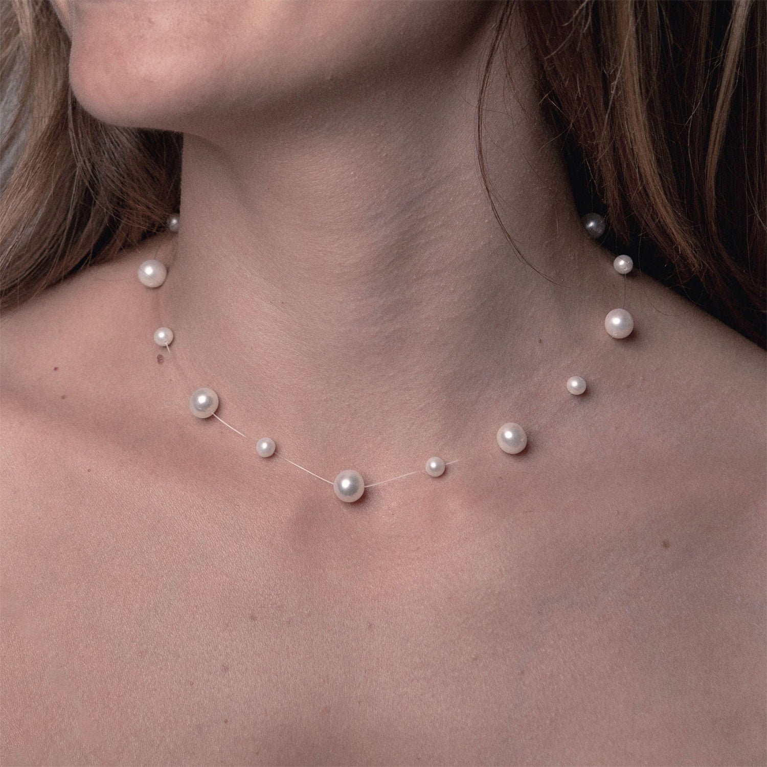 White Pearl Necklace on Illusion Cord, 7.5 - 8.5 and 4.5 - 5.5 mm, Round  Pearls